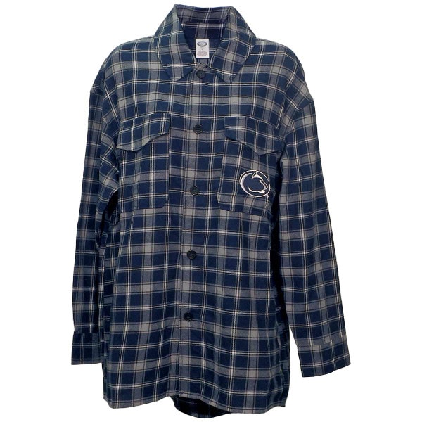 women's flannel nightshirt navy plaid, Penn State Athletic Logo on left pocket